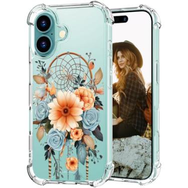 Imagem de Hungo Capa compatível com iPhone 16 para mulheres, meninas, design claro, bonito, feminino, design estético, capa para 16 apanhadores de sonhos e flores