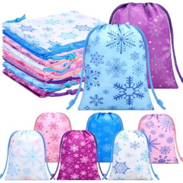 Imagem de Abbylike 24 peças sacos de presente de floco de neve a granel saco de doces com cordão Frozen saco de lembrancinhas de inverno do país das maravilhas saco de presente de embrulho de presente de Natal