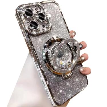 Imagem de Changjia Capa com suporte de glitter para iPhone 13 Pro Max, luxuosa, brilhante, diamante, strass, com protetor de câmera, anel de fluxo líquido, suporte de TPU (poliuretano termoplástico), capa