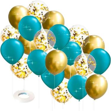 Imagem de Balões de ouro azul-petróleo para decorações de aniversário de ouro azul-petróleo para mulheres com 30 peças de decoração de chá de noiva/decorações de casamento em ouro azul-petróleo/balões de confete dourados