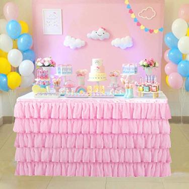 Imagem de Saia de mesa de tule sereia para mesa retangular ou redonda tutu chiffon toalha de mesa para aniversário, chá de bebê, casamento, decoração de festa (rosa, G 2,7 m, A 76,2 cm)