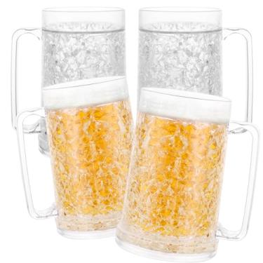 Imagem de LDHHYH Pacote com 4 canecas de cerveja de plástico de 450 ml com freezer em gel, canecas de cerveja transparentes de parede dupla para freezer, canecas de cerveja com alças