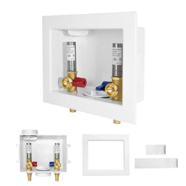 Imagem de 1 PACOTE Caixa de tomada de máquina de lavar GUOFIS com prendedor de martelo de aço inoxidável, caixa de lavadora de roupas PEX com design de dreno central e lateral (entrada de conexão de expansão