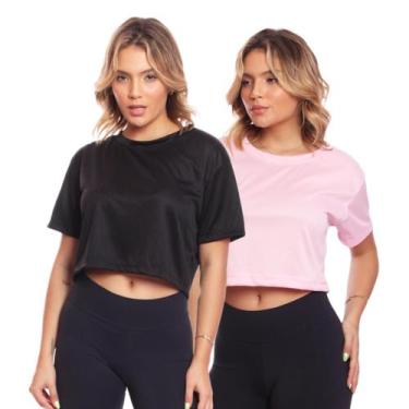 Imagem de Kit 2 Cropped Manga Curta Dry Fit Básico - Brás e Cia, Preto, Rosa, M