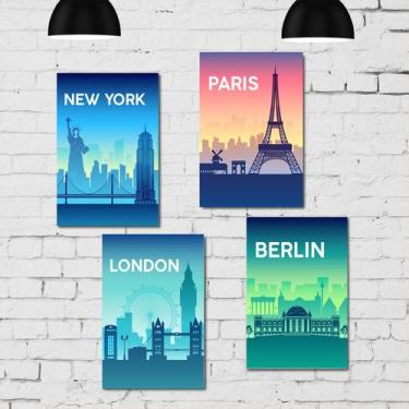 Imagem de Placa Decorativa para Sala Cidades Kit 4un MDF 20x30cm - Quartinhos