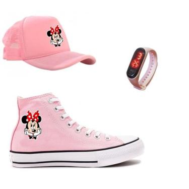 Imagem de Kit Tênis Boné E Relógio Minnie Disney Feminino Adulto E Infantil Moda
