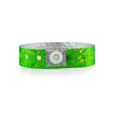 Imagem de Pulseiras de plástico holográfico verde 100 Wristco para eventos – uso prolongado, cor brilhante evita a reutilização – Pulseiras de grau premium para identificação hospitalar e médica, festa e