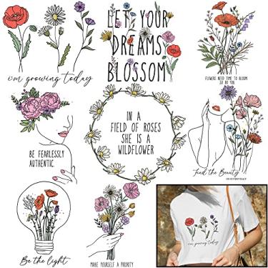 Imagem de Flowing Fun 8 Folhas Motivação Flores Ferro Em Transferências para Camisetas Roupas Femininas - Flores Htv Transferência de Calor Vinil Ferro Em Decalques Design - Ferro Em Adesivos para Camisetas Rou