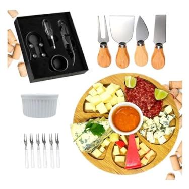 Imagem de Kit Petisqueira Redonda Madeira + 4 Facas Queijo + 4 Peças Vinho Com Molheira Ramekin e Garfinhos p/Petisco