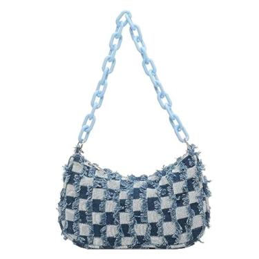 Imagem de Bolsa tiracolo feminina xadrez jeans pequena moda axila bolsa casual retrô para trabalho, Azul claro, Retrô