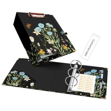 Imagem de Ospelelf Fichário pequeno de três anéis, 5 cm, fichário de prancheta de anel redondo floral com 5 divisórias de abas, etiquetas de pasta de arquivo, para material escolar e de escritório