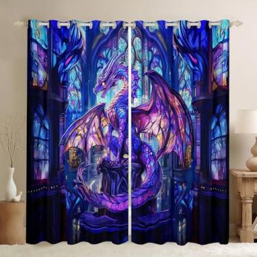Imagem de Cortinas de janela infantil dragão ocidental, asa voadora, dragão, roxo, para meninos e meninas, Conto de Castelo Trippy Animal geométrico, azul, tratamentos de janela, ilhós, conjunto de 2 painéis,