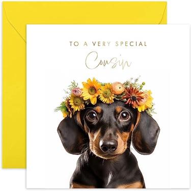 Imagem de Cartão de primo muito especial Old English Co. Daschund Dog - Cartão de aniversário fofo floral Daschund para ela - Cartões de parabéns fofos e bem feitos para primos de amigos da família | Em branco