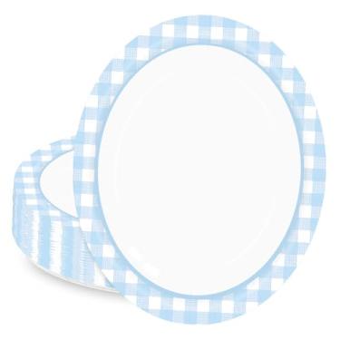 Imagem de HEIPINIUYE Pratos de papel ovais guingão azul claro com 50 unidades, 25,4 x 30,5 cm, grandes pratos descartáveis para churrasco, bandeja quadriculada para servir suprimentos de festa