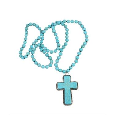 Imagem de Colar Unissex "Bold Devotion" em Pedra Turquesa 86cm – Crucifixo 6,5cm, Amuleto de Equilíbrio, Paz e Proteção Espiritual - Acompanha Bolsa de Veludo