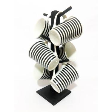 Imagem de Kit Jogo 6 Xicara Grande 240ml listra preta + Suporte Mdf Enfeite Cozi