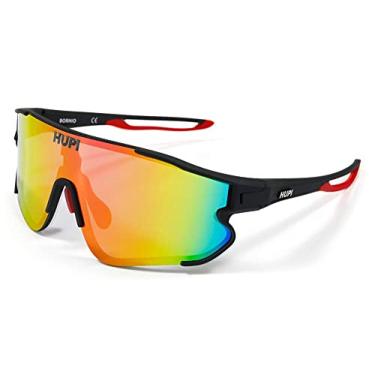Imagem de Óculos de Sol Ciclismo Feminino Hupi Bornio Preto/vermelho Lente Rosa Espelhado, Cor: Preto/vermelho