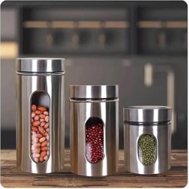 Imagem de Conjunto de 3 Potes de Vidro e Aço Inox, 1750ML - 940ML - 635ML, Tampa Rosqueável, com Visor para Mantimentos, Porta Mantimentos Moderno e Luxuoso