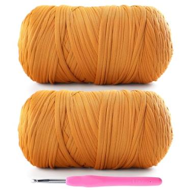 Imagem de Pacote com 2 fios de camiseta para crochê - 800 g/260 m para sacos de crochê/cestas/decoração de casa - fio de camiseta de tecido elástico macio com 1 agulha de crochê (2, açafrão)