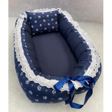 Imagem de Ninho Redutor berço 100% Algodão - Coroa Pérola - Azul Marinho - Jandi