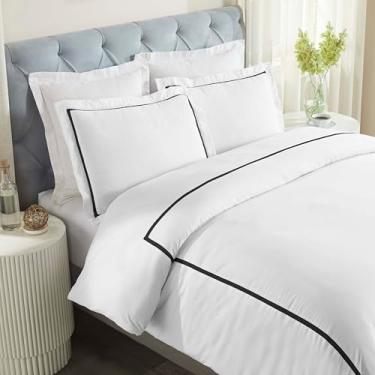 Imagem de Superior Jogo de lençol de cama de algodão bordado, 1 lençol elástico com bolso profundo, 1 lençol de cima, 2 fronhas, lençóis macios diários, ponto cruz de algodão, coleção Riverton, tamanho Queen,