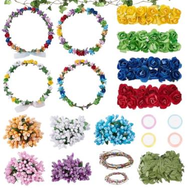 Imagem de INFUNLY 12 conjuntos de coroas de flores faça-você-mesmo, tiaras e pulseiras, faça sua própria guirlanda de flores, kit de grinalda floral feito à mão, coroas florais, acessórios de cabelo para cabeça