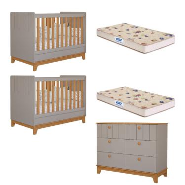 Imagem de Quarto Bebê Gêmeos Berço Mini Cama  Cômoda 6 gavetas Liza e 2 Colchões Gazin Permobili - Fendi/Nature