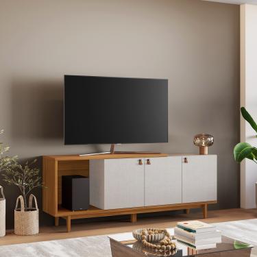 Imagem de Rack para TV até 50 Polegadas 3 Portas com Pés de Madeira NT 1380 Notável Móveis - Off White TX/Freijó Trend