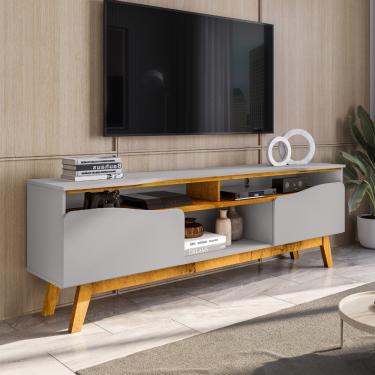 Imagem de Rack para TV Até 75 Polegadas 2 Portas com Pés de Madeira Maciça Ilhabela Bechara - Off White/Naturale