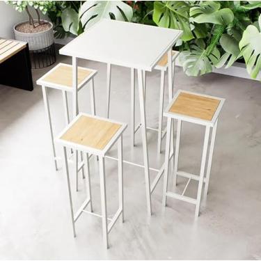 Imagem de Conjunto Mesa Alta Bar Bistrô Branca Alta 4 Bancos Pinus Botequim Industrial White