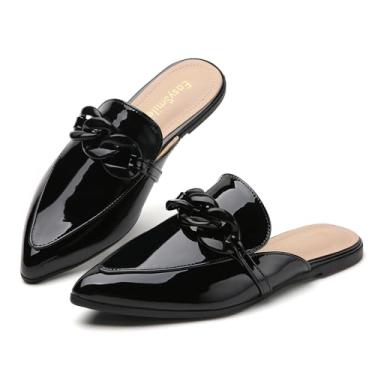 Imagem de EasySmile Mocassins femininos de metal para decoração de corrente plana, bico fino, sem cadarço, sem costas nuas, sapatos mules, Corrente de plástico - couro preto, 9