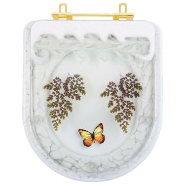 Imagem de Assento Sanitario Poliester Decorado Borboleta Amarela Carrara Para Vaso Deca Com Ferragem Dourada