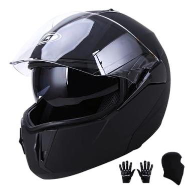 Imagem de Oumurs Capacete Integral Para Motocicleta Dot Com Máscara E Luvas, Viseira Dupla Modular Dobrável, Leve E Aprovado Pelo Dot, Preto Fosco - Xxg