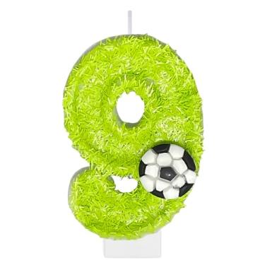 Imagem de Velas de número de aniversário de futebol para bolo, vela verde número 9, topo de bolo de futebol para decoração de festa de aniversário, suprimentos de lembrancinhas