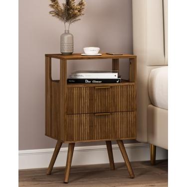 Imagem de Leomonio Mesa de cabeceira moderna com 2 gavetas de armazenamento e prateleira de madeira aberta, para quarto e espaços pequenos, mesa de cabeceira com pernas de madeira maciça, marrom nogueira