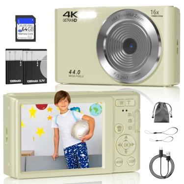 Imagem de Câmera digital pequena para fotografia, câmeras digitais de apontar e fotografar com FHD de 44 MP, cartão de 64 GB, câmera infantil com foco automático de zoom 16X, 2 baterias-creme