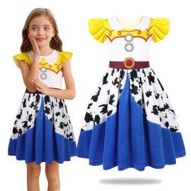 Imagem de Sukyfecde Fantasia de princesa para meninas e crianças, vestido de festa de aniversário, mangas com babados, vestidos chiques, roupas tamanho 6 (5-6 anos, branco azul)