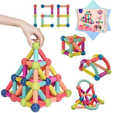 Imagem de Brinquedo Educativo C/ 128 Blocos Magnéticos Infantis P/ Montar Formas