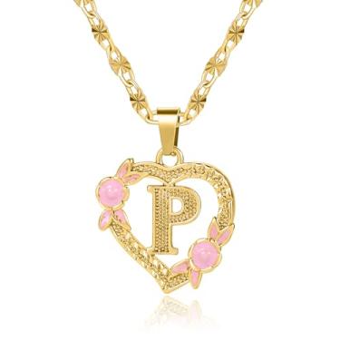 Imagem de Qitian Colar com inicial de coração para mulheres, coração, letra dourada, nome A-Z, nome alfabeto, pingente colar para presente de menina, Ouro, Sem Pedra Preciosa