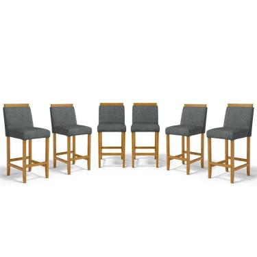 Imagem de Kit Com 6 Banquetas Eloá Madeira Maciça Assento Estofado Para Bancada Linho Chumbo 406