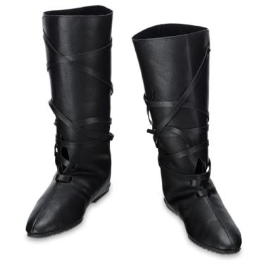 Imagem de Blosssound Botas masculinas medievais de Halloween, cosplay renascentista, botas de Halloween pretas de couro sintético com cadarço, Preto, 42
