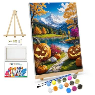 Imagem de JOOZ Kit de pintura por números para adultos com moldura, pintura de Halloween por número, com cavalete abóboras, kits de pintura a óleo para adultos, kits de pintura a óleo faça você mesmo, para