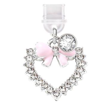 Imagem de ELISE & FONDA TP636 Tipo-C porta de carregamento plugue antipoeira pequeno coração amor com pingente de celular para iPhone 15/16/Samsung/OnePlus/Xiaomi/oppo telefones Android (rosa)