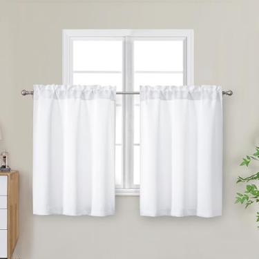 Imagem de OWENIE Cortinas de cozinha brancas de 76 cm de comprimento curto para janela pequena, cortinas sobre pia, cortina de café de meia janela com filtragem de luz sólida para armário de porão de banheiro