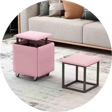 Imagem de Bancos de cubo mágico 5 em 1 cadeira de ninho com assento de couro e rodízios, mobiliário doméstico cozinha otomanos empilháveis, rosa, 35x35x35 cm