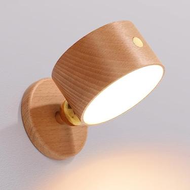Imagem de Chilvane Luminária De Parede Madeira Operada Por Bateria Led Com Rotação 360°, Esfera Magnética, Escurecimento Contínuo, Recarregável, Sem Fio, Para Quarto, Maquiagem, Casa, Etc., Faia