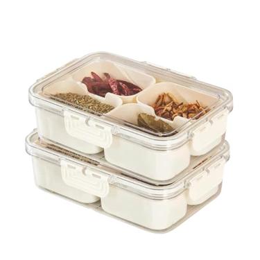 Imagem de Kit 2 Bandeja Pote Cesto Organizador Transparente Hermético com Tampa Empilhável com 4 Divisórias Internas Multiuso - Caixa Organizadora Ideal para Geladeira, Alimentos, Frutas, Legumes, Lanches