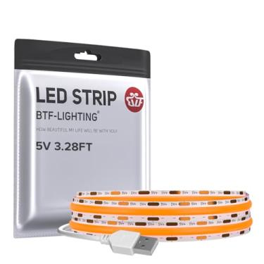 Imagem de BTF-LIGHTING FCOB Faixa de luzes LED COB de cor laranja alimentadas por USB 3,28 pés 320LEDs 5V 8 mm de largura 90+ luz flexível ultra brilhante alto CRI para TV Backlight Display Cabinet PC DIY Decor