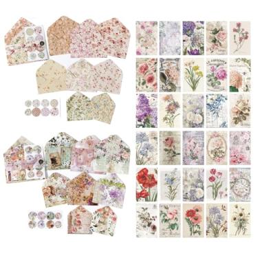 Imagem de Conjunto de 92 minienvelopes de papel de papelaria e adesivos, 60 papéis de scrapbook de flores para escrever com 16 envelopes correspondentes e 16 adesivos redondos de selo