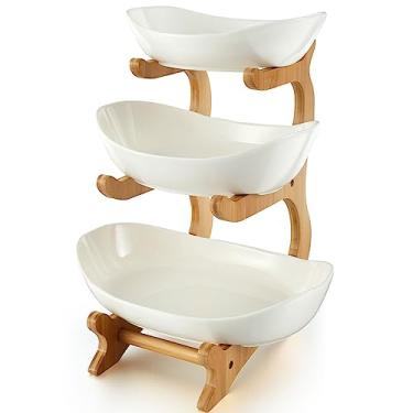 Imagem de bigjvbfv Tigela de frutas de cerâmica, tigela de frutas de cerâmica de 2 camadas/3 camadas com suporte para balcão de cozinha, cesta de frutas de porcelana para armazenamento de vegetais, para